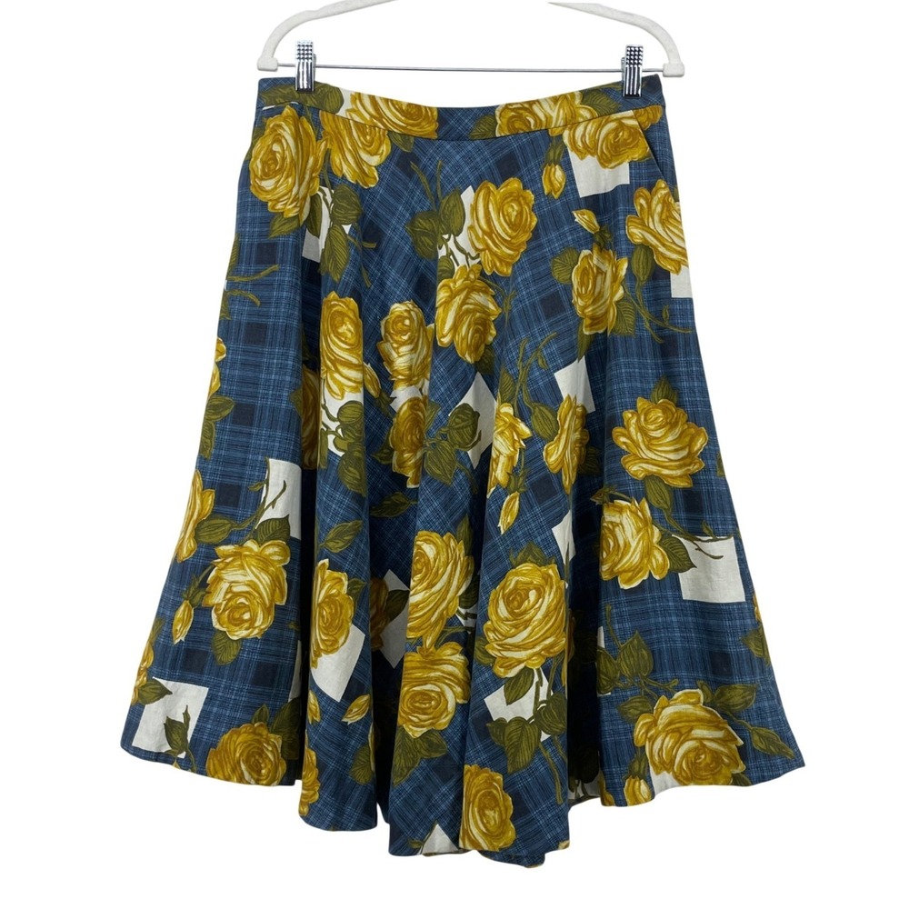 Anthropologie Odille 12 A-Line Skirt Blue Yellow Floral Plaid Linen Blend Midi